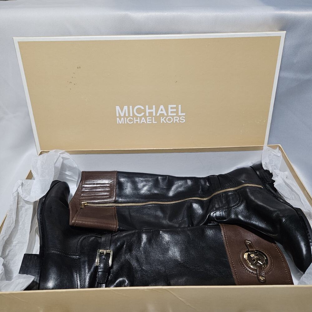 Michael Michael Kors Stockard Leather Riding Boots Black Mocha 8M With Box